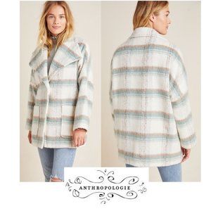 Anthropologie Plaid Pea Coat - Cream and Blue